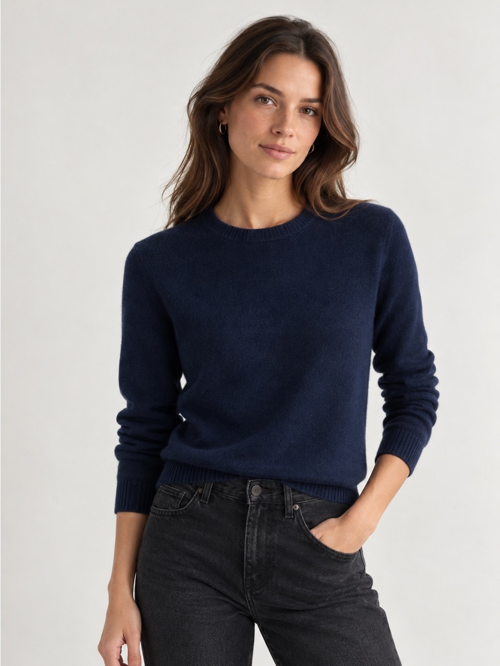 Mongolian Cashmere Crew Neck Sweater, True Navy, XS